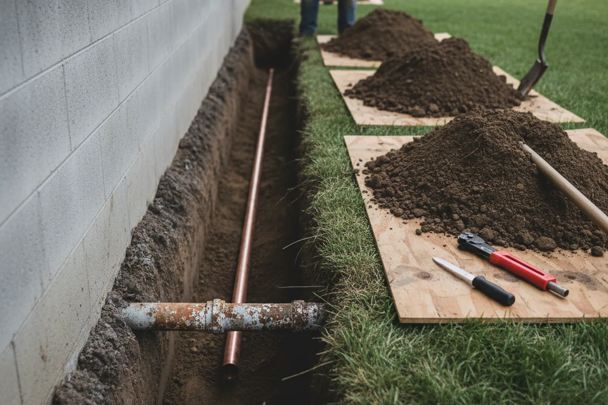 Excavated water line trench during Sewer Line Repair in Dadeville